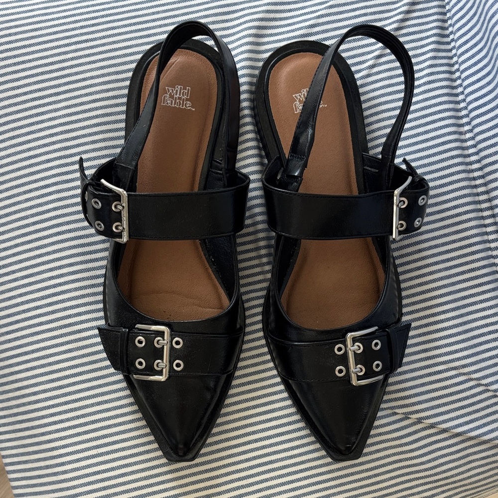 wild fable Black Pointed Buckle Slingback Flats with Silver Hardware